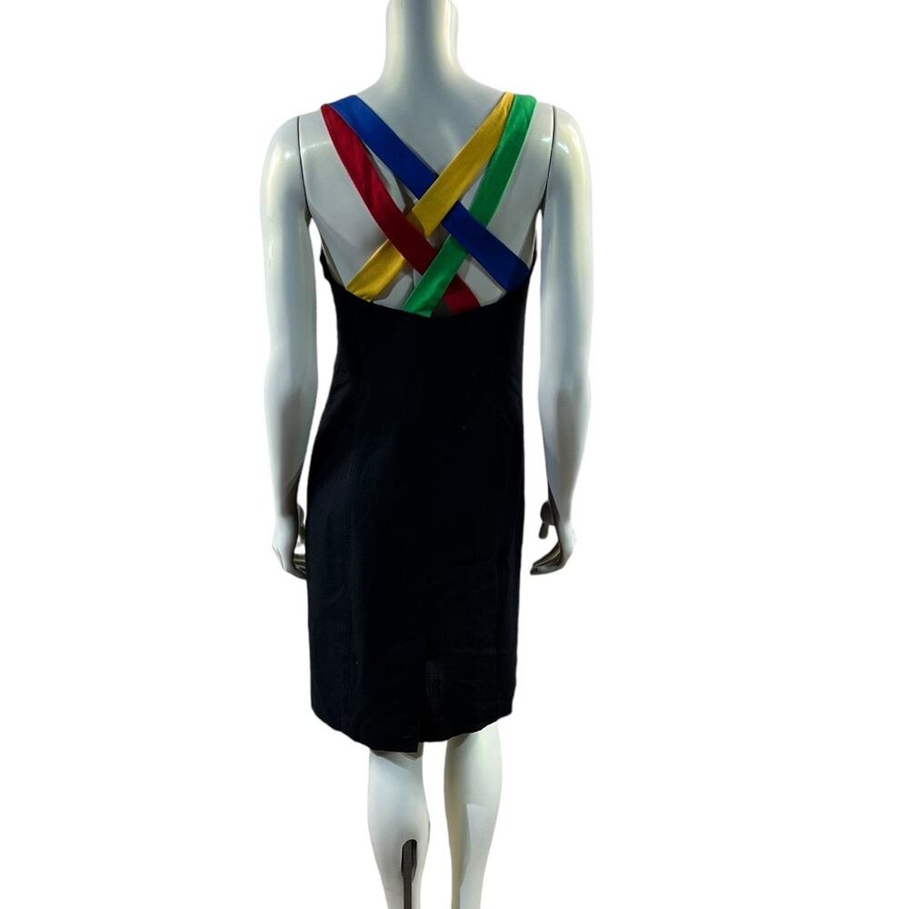 Vintage 90s ACT I Black Linen Dress Rainbow Strappy Back Size S M
